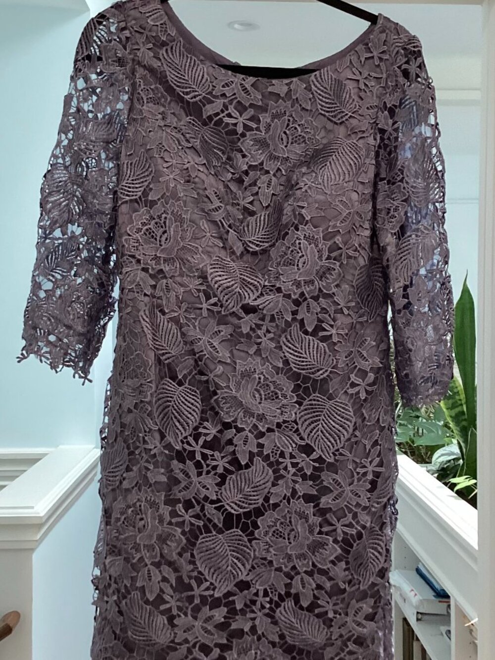 JJ House Sheath/Column Scoop Knee-Length Lace Satin Mother of the Bride Stormy